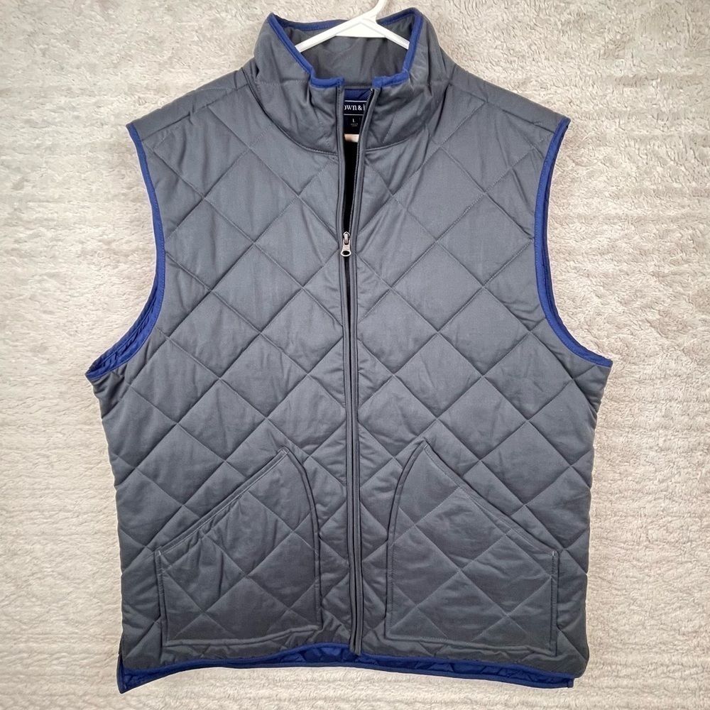 Crown & Ivy men's Sz L charcoal grey quilted puffer vest casual navy lined